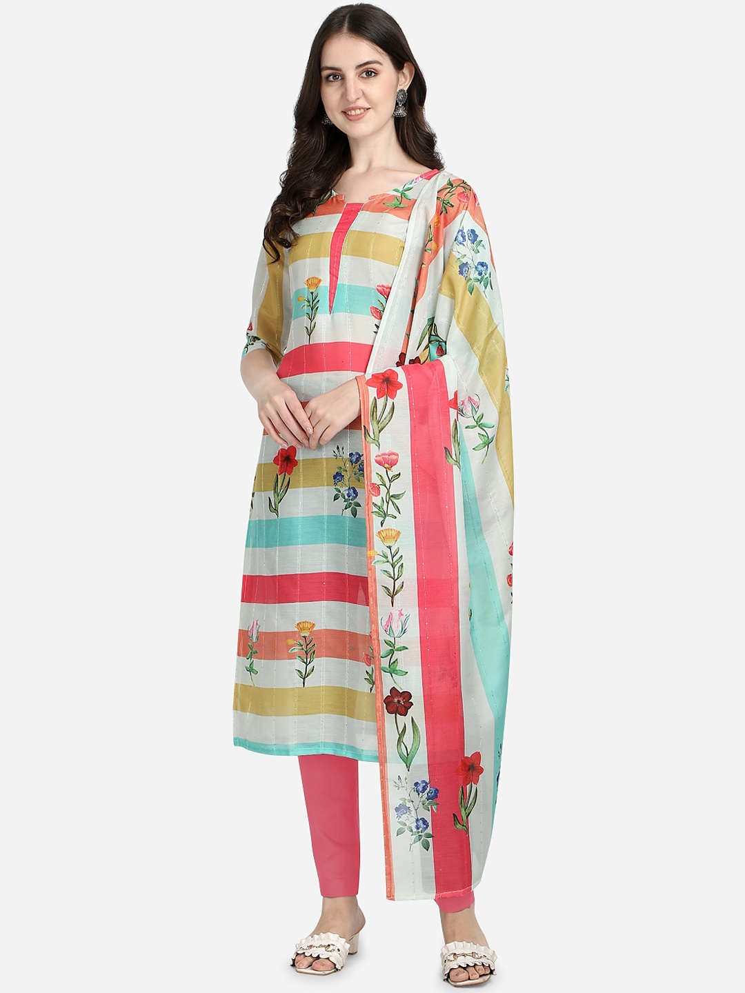 

Sitaram Designer Women Multicoloured Striped Kurta with Dupatta, Multi