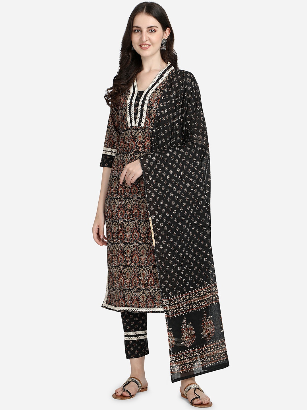 

Sitaram Designer Women Black Floral Printed Pure Cotton Kurta with Trousers & With Dupatta