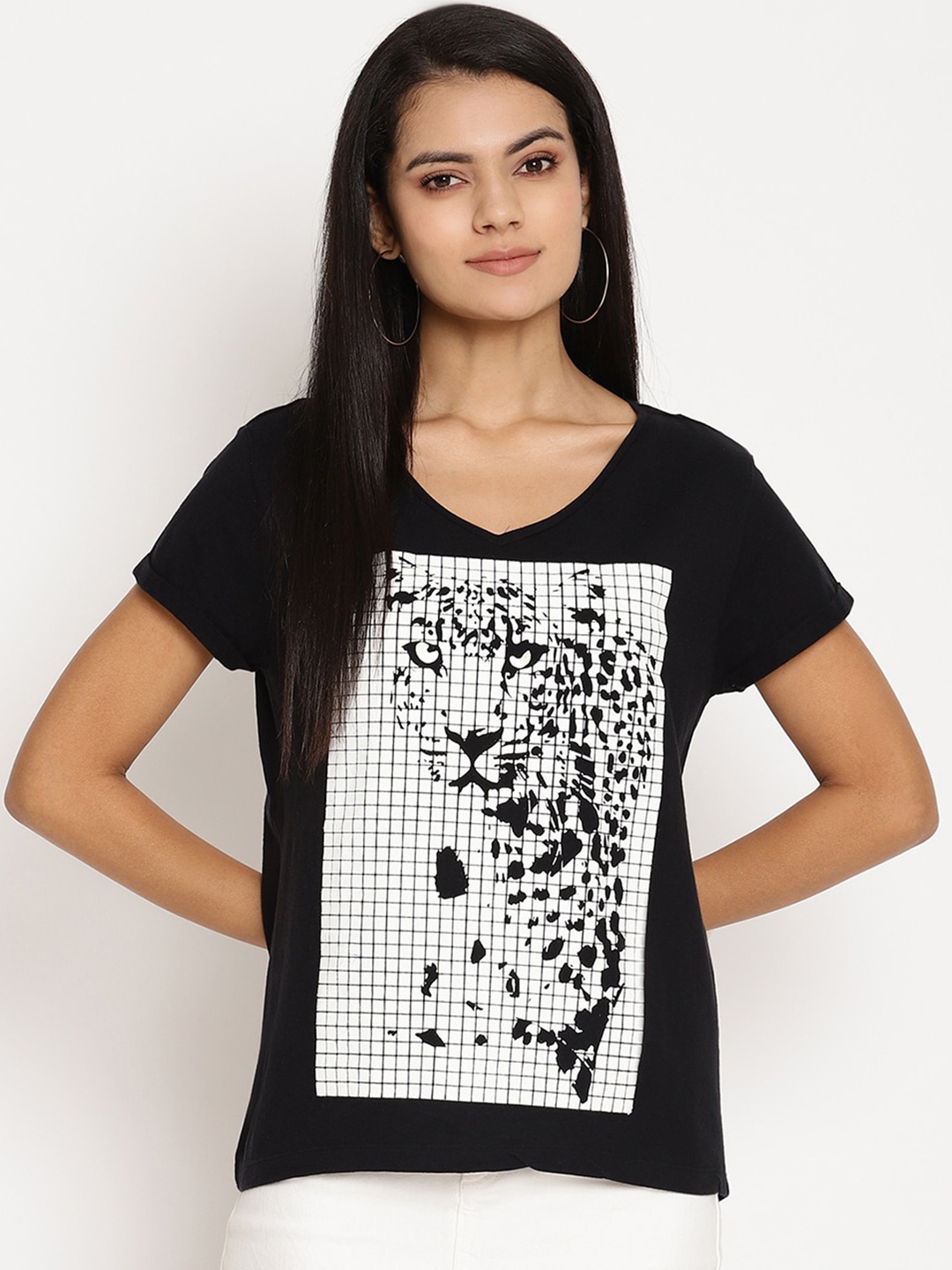 

Wolfpack Women Black & White Printed V-Neck T-shirt