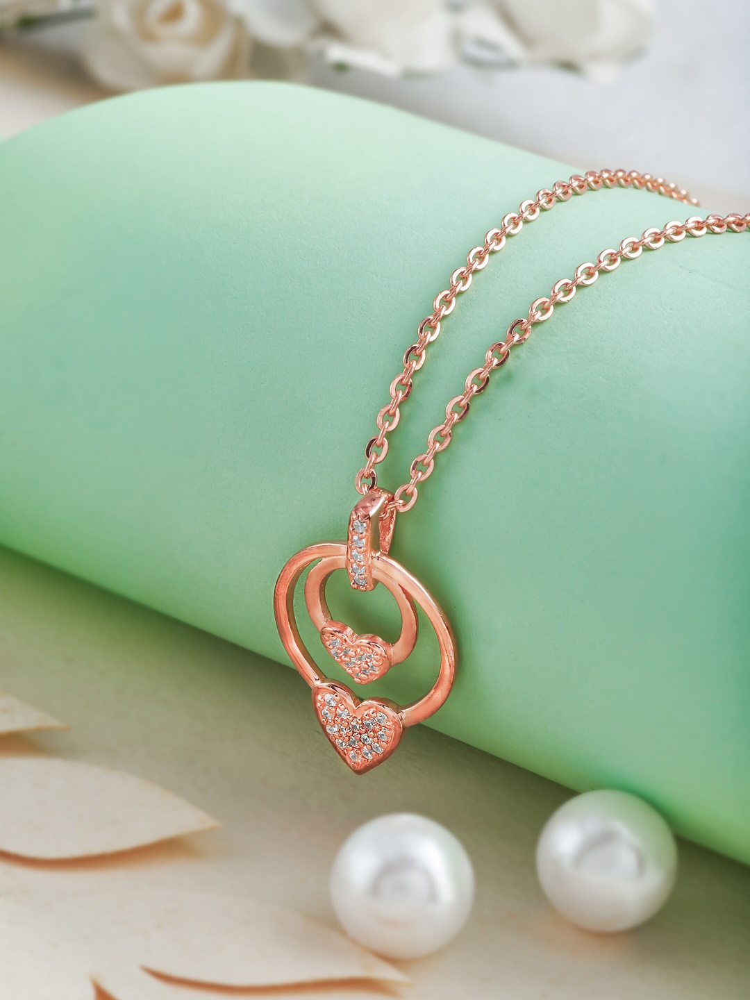

SILBERRY 925 Sterling Silver Rose Gold-Plated White CZ-Stone Studded Pendant with Chain