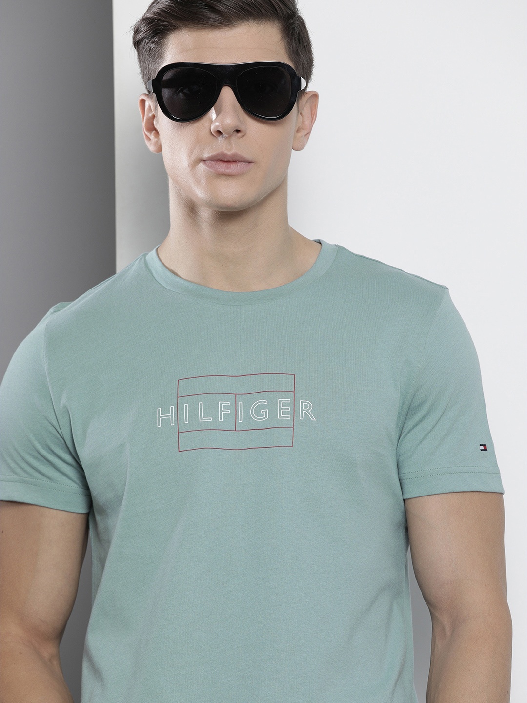 

Tommy Hilfiger Men Blue & White Brand Logo Printed Organic Cotton Slim Fit T-shirt