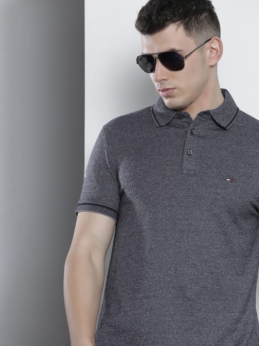 

Tommy Hilfiger Men Navy Blue Melange Polo Collar Pure Cotton Slim Fit T-shirt