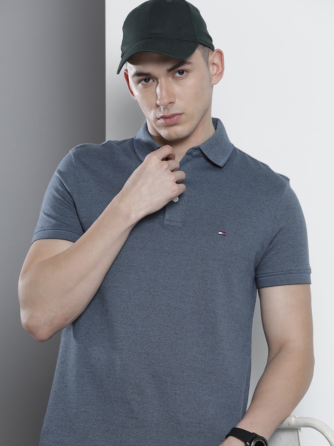 

Tommy Hilfiger Men Navy Blue Polo Collar Pure Cotton Slim Fit T-shirt