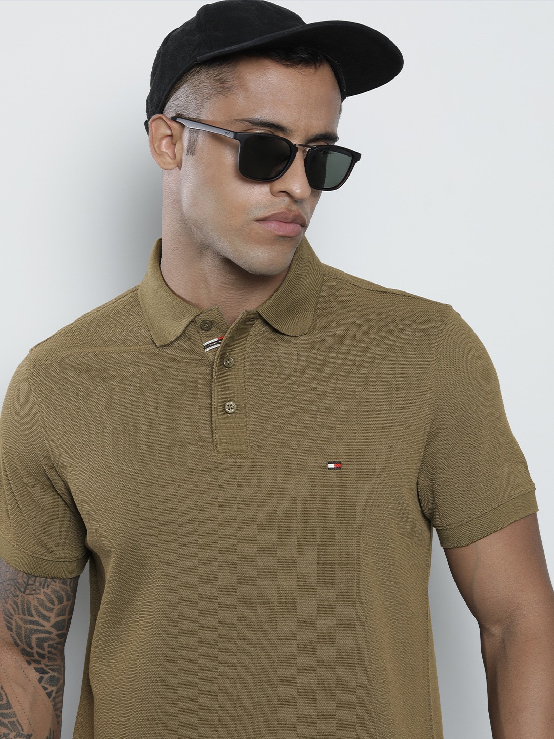 

Tommy Hilfiger Men Olive Green Polo Collar Organic Cotton T-shirt