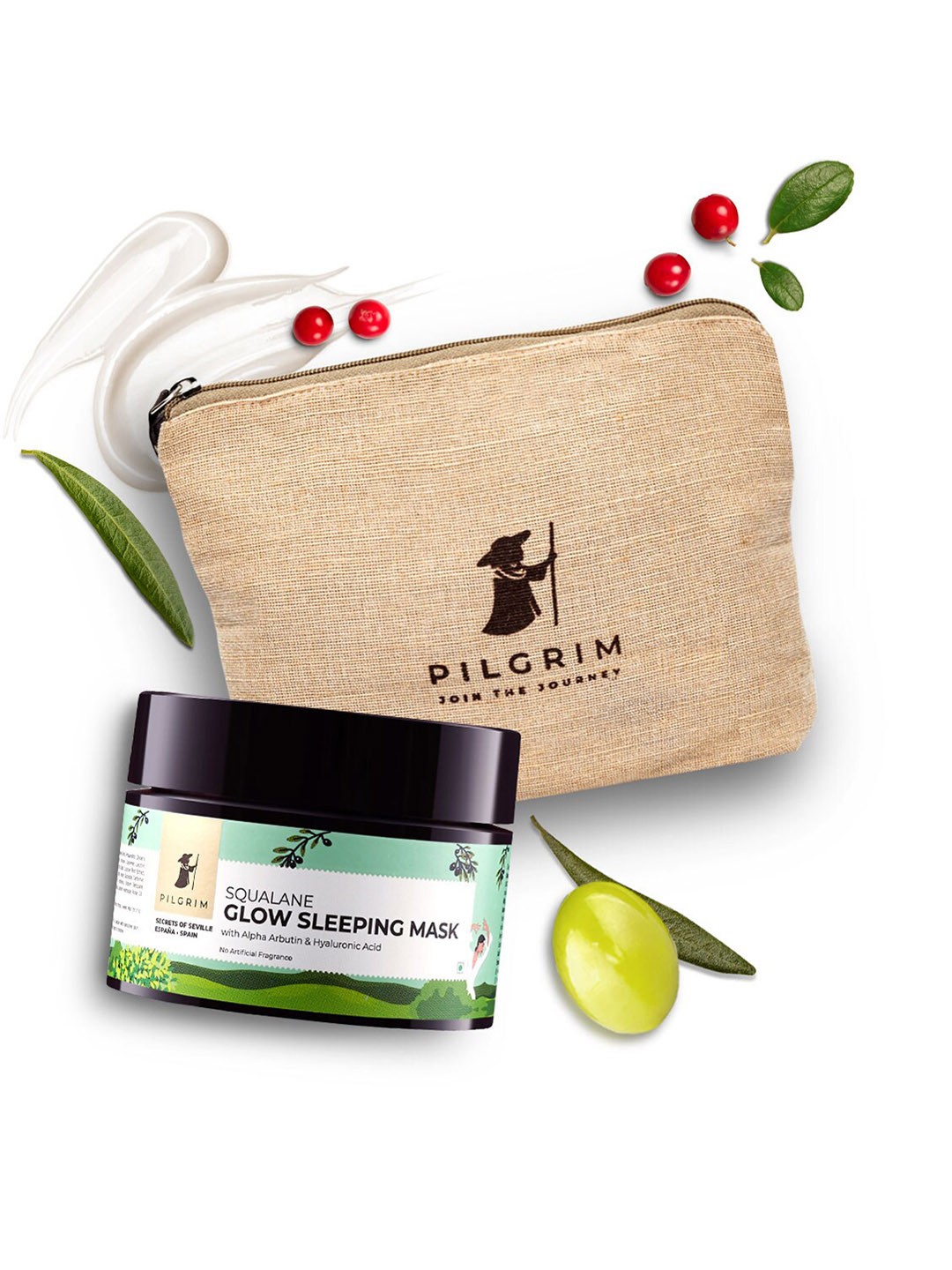 

Pilgrim Squalane Glow Sleeping Mask with Alpha Arbutin & Hyaluronic Acid 50 g & Jute Bag, Green