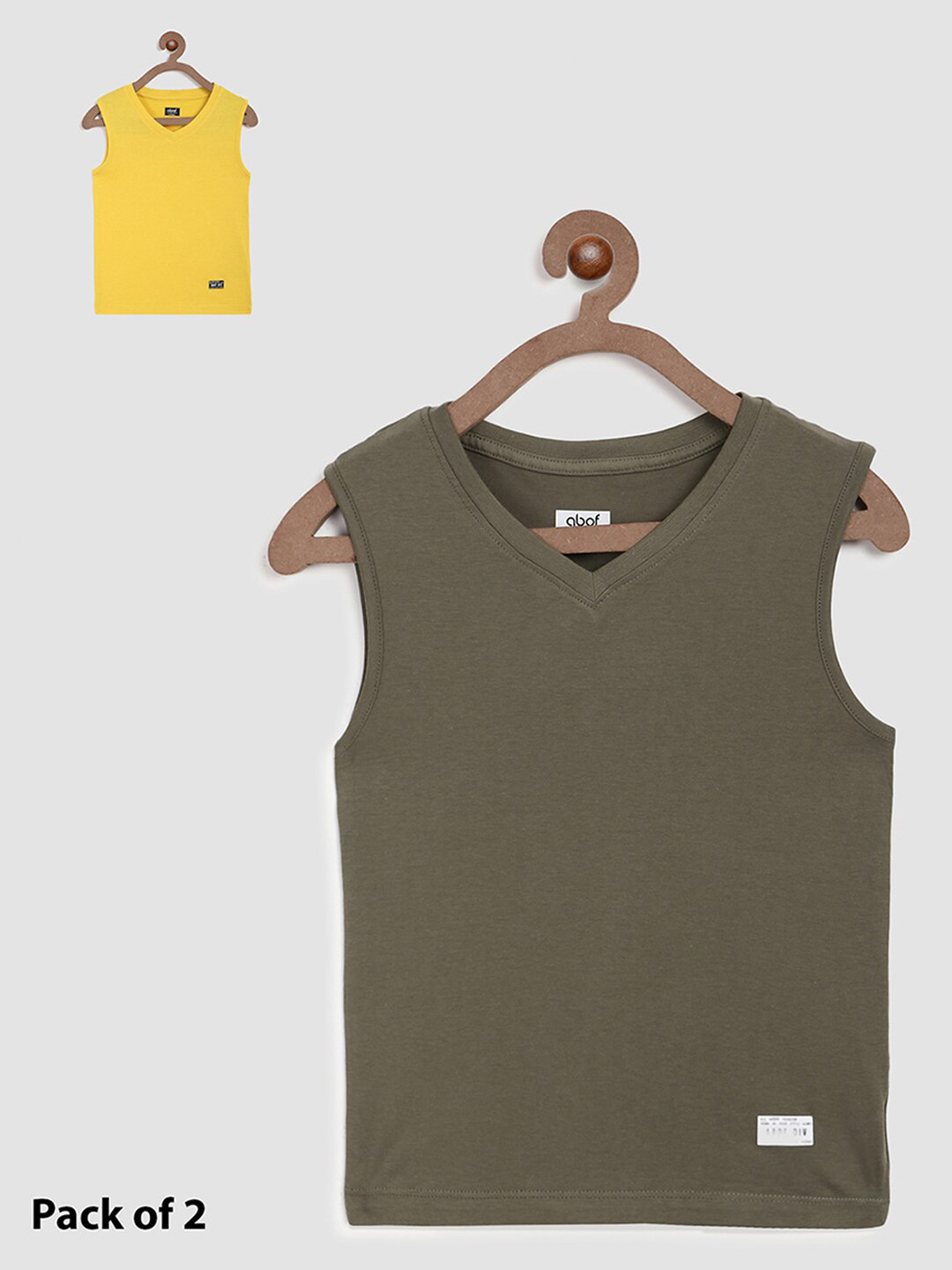 

abof Boys Olive Green & Yellow Sleeveless Pure Cotton Regular Fit T Shirt Pack Of 2