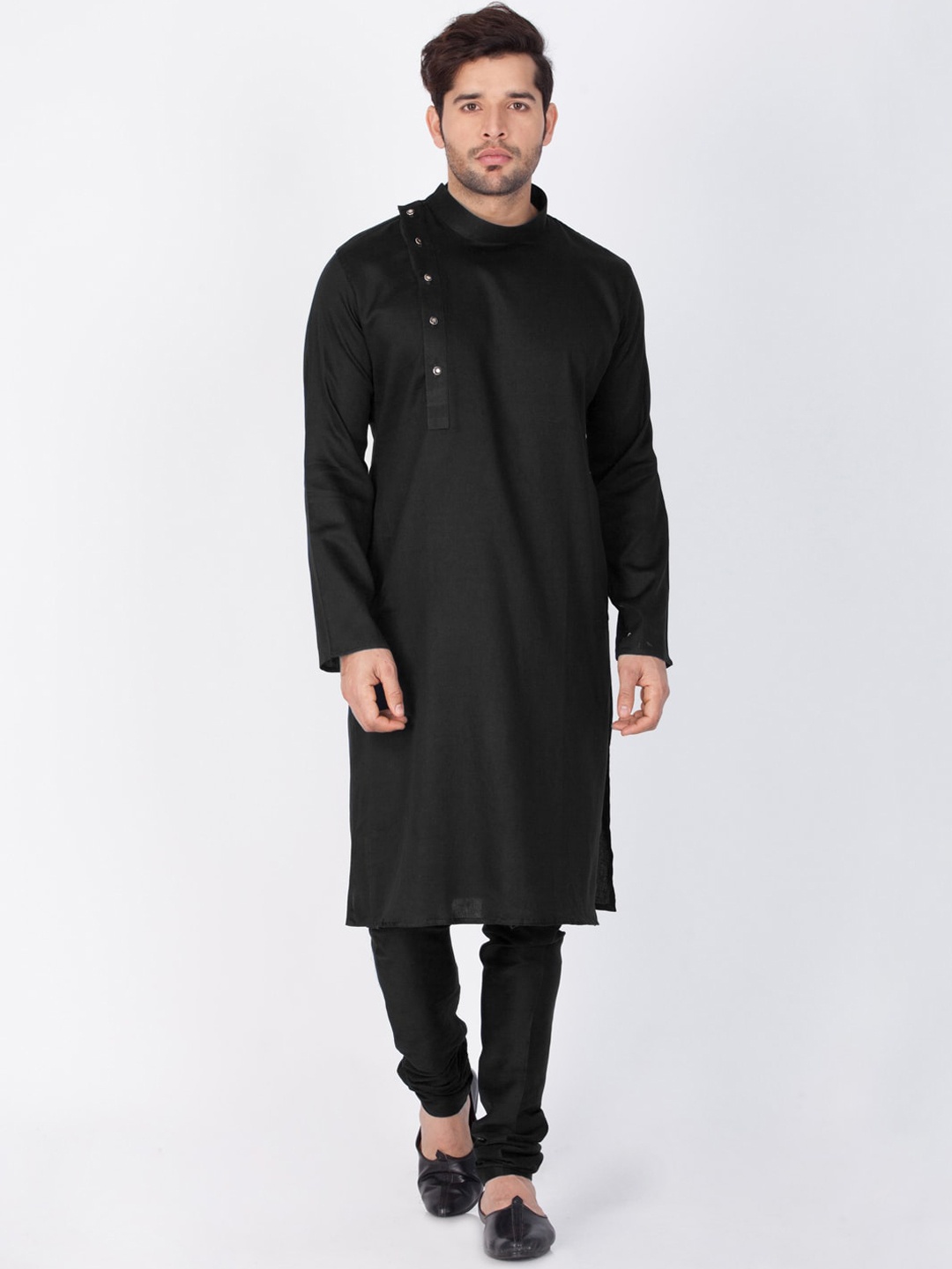 

VASTRAMAY Men Black Solid Cotton Blend Angrakha Kurta Set