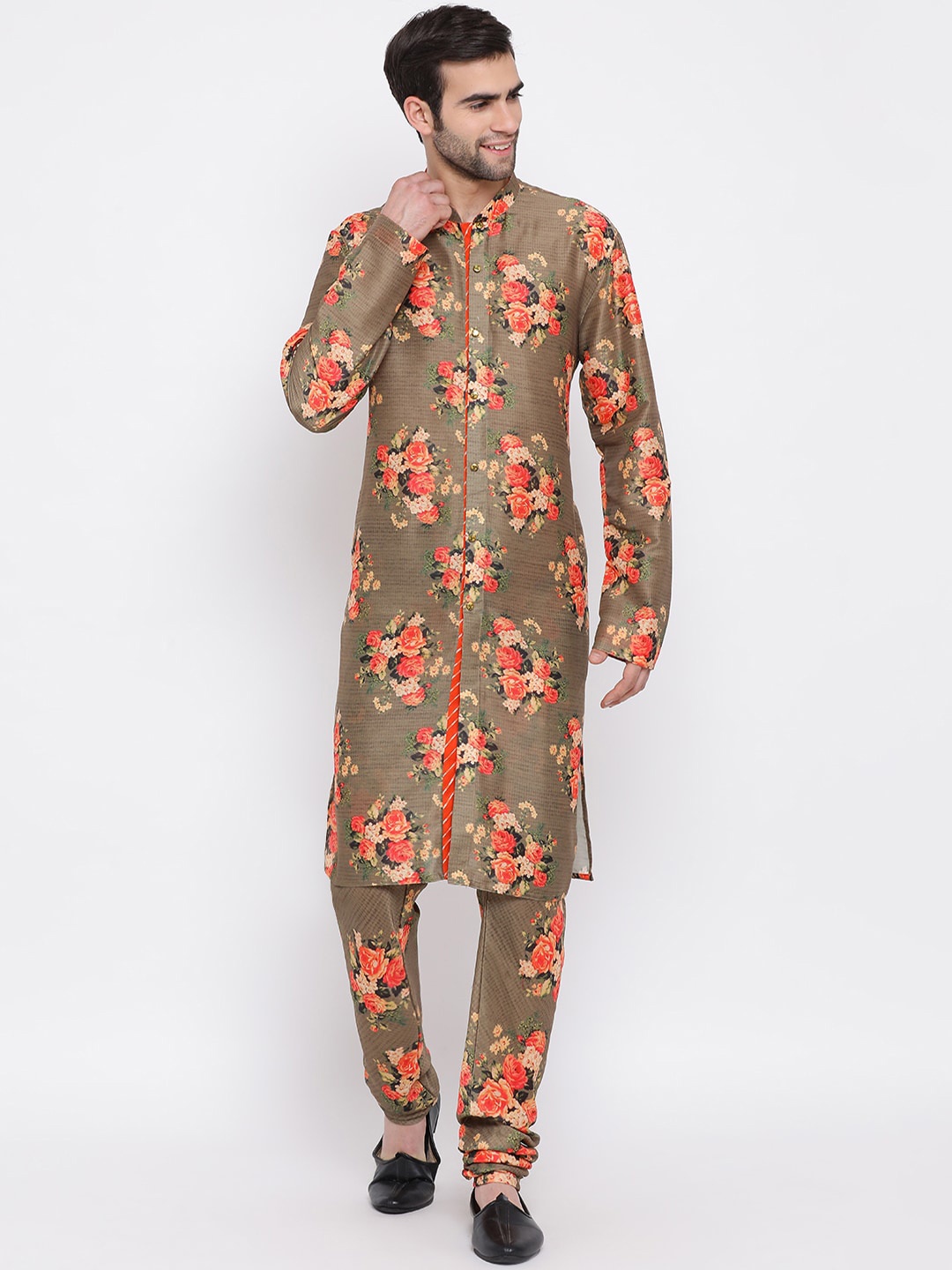 

VASTRAMAY Men Brown & Red Floral Printed Kurta with Pyjamas