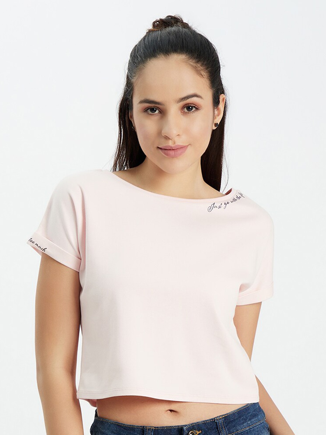 

EDRIO Pink Short Sleeves Pure Cotton Knitted Crop Top