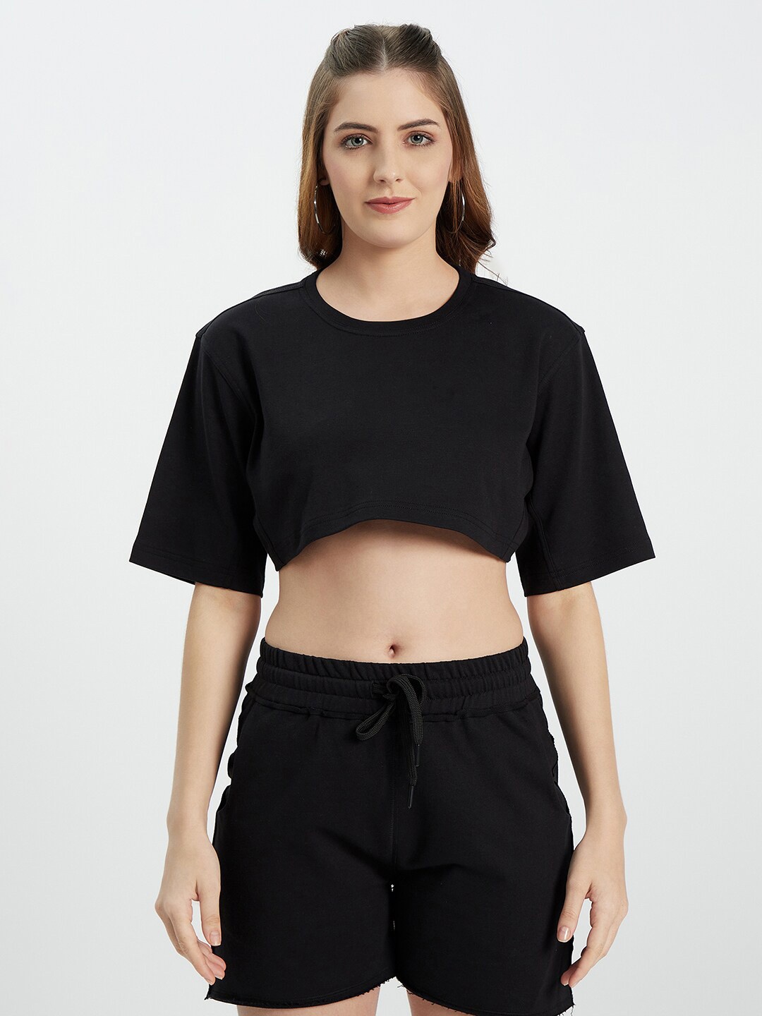 

EDRIO Black Loose Fit Pure Cotton Knitted Crop Top