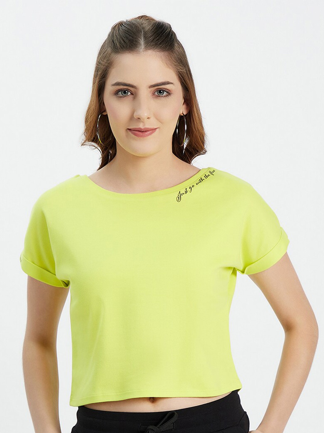 

EDRIO Lime Green Short Sleeves Pure Cotton Knitted Crop Top