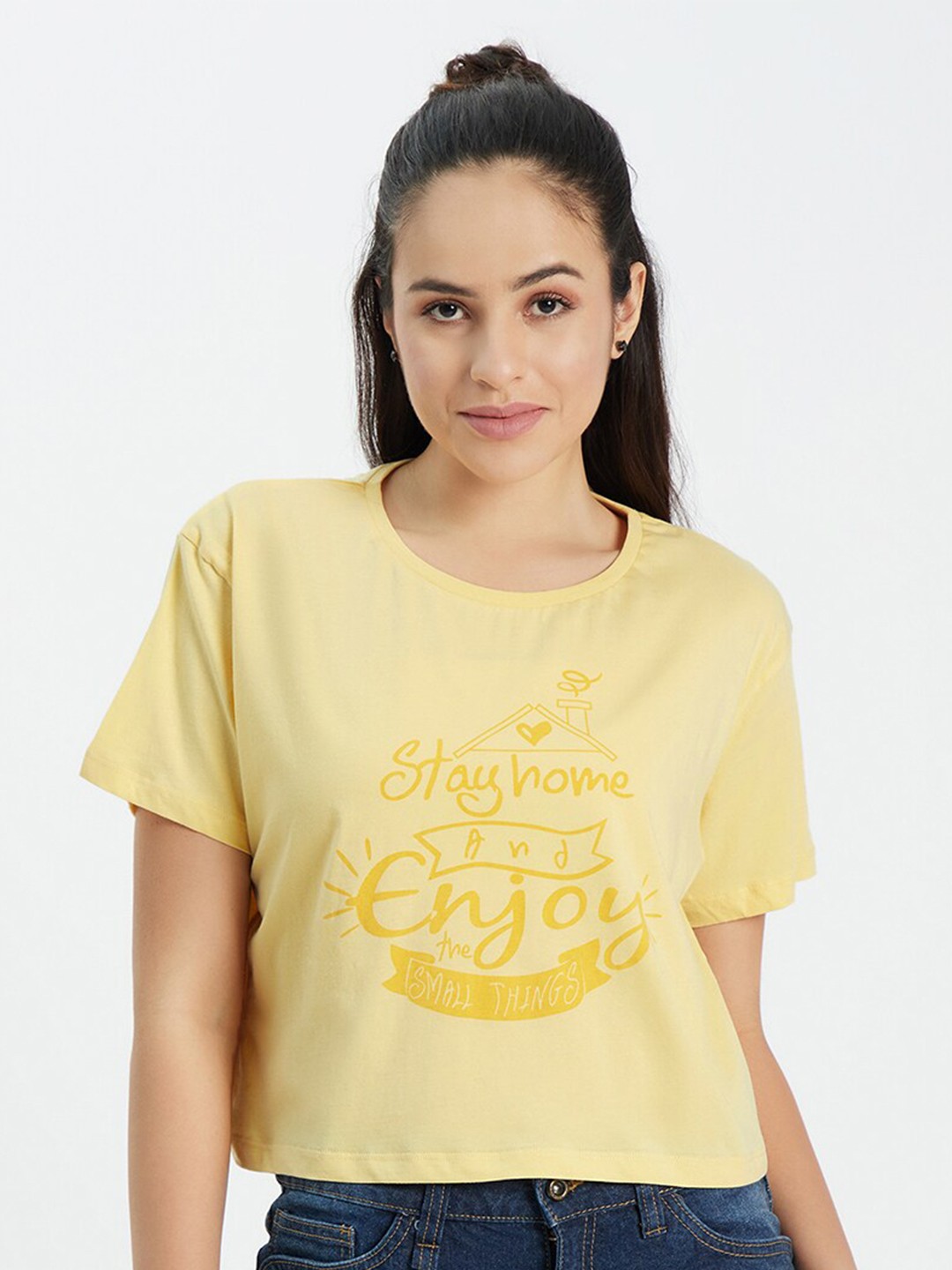 

EDRIO Women Yellow Typography Printed Pure Cotton Crop T-shirt