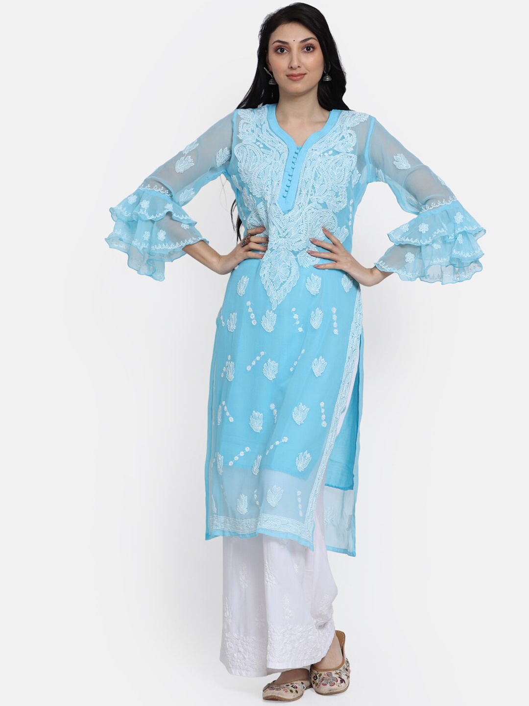 

PARAMOUNT CHIKAN Women Turquoise Blue Floral Embroidered Bell Sleeves Chikankari Georgette Kurta