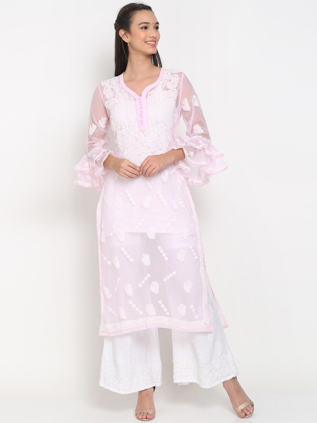 

PARAMOUNT CHIKAN Women Pink Floral Embroidered Chikankari Georgette Kurta