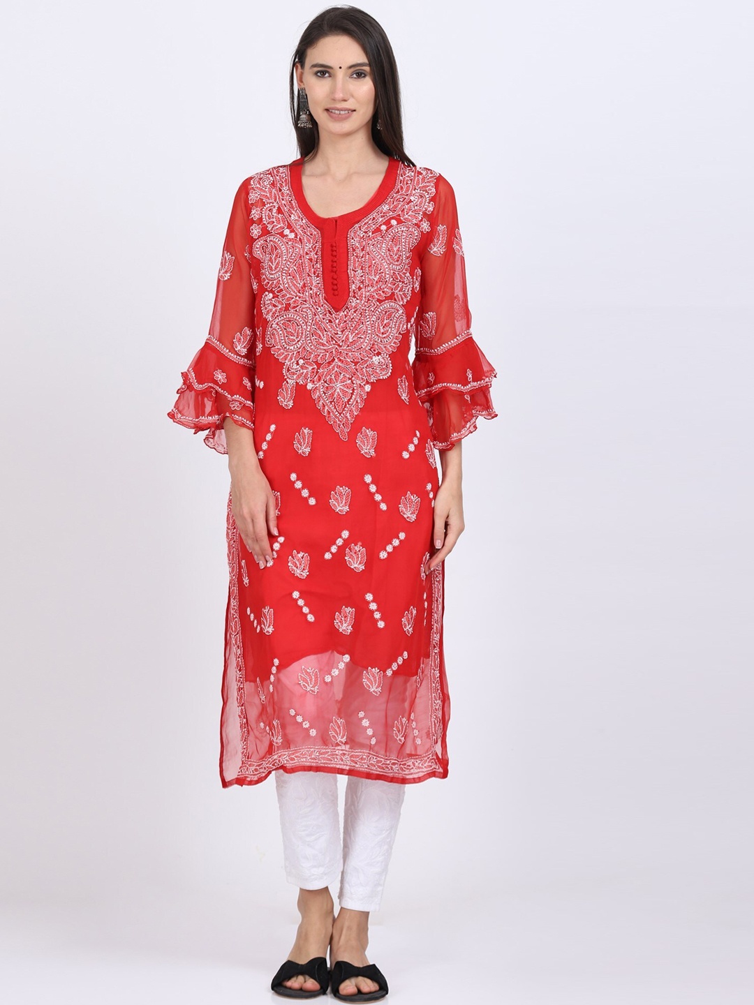 

PARAMOUNT CHIKAN Women Red Embroidered Chikankari Georgette Kurta