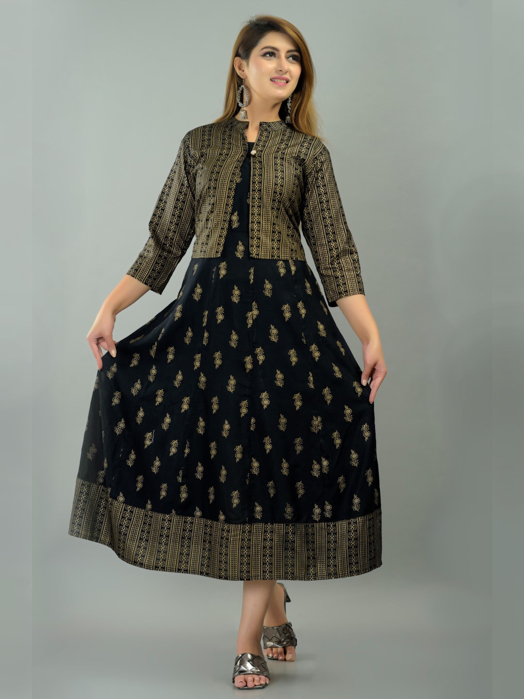 

IQRAAR Black Ethnic Motifs Ethnic Fit & Flare Midi Dress with Jacket