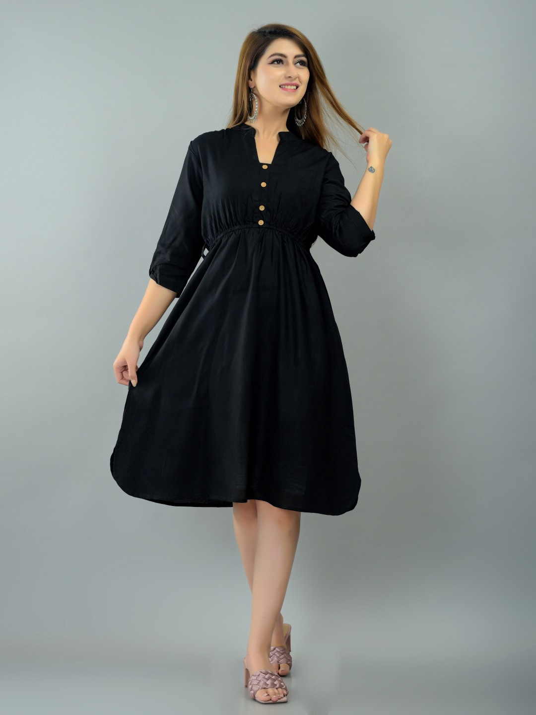 

IQRAAR Black Midi Fit and Flare Dress