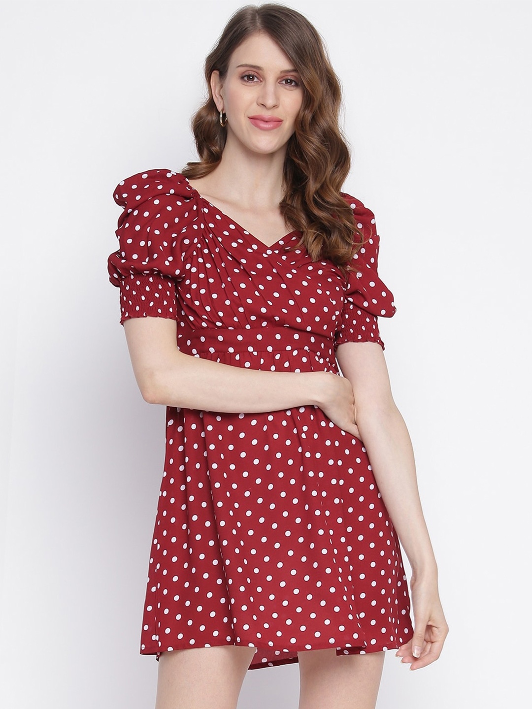 

IQRAAR Maroon & White Polka Dots Printed Puff Sleeves Fit & Flare Mini Dress