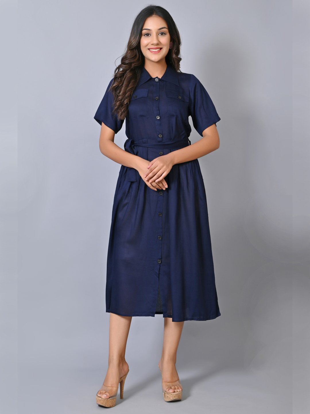 

IQRAAR Navy Blue Solid Shirt Collar Shirt Midi Dress