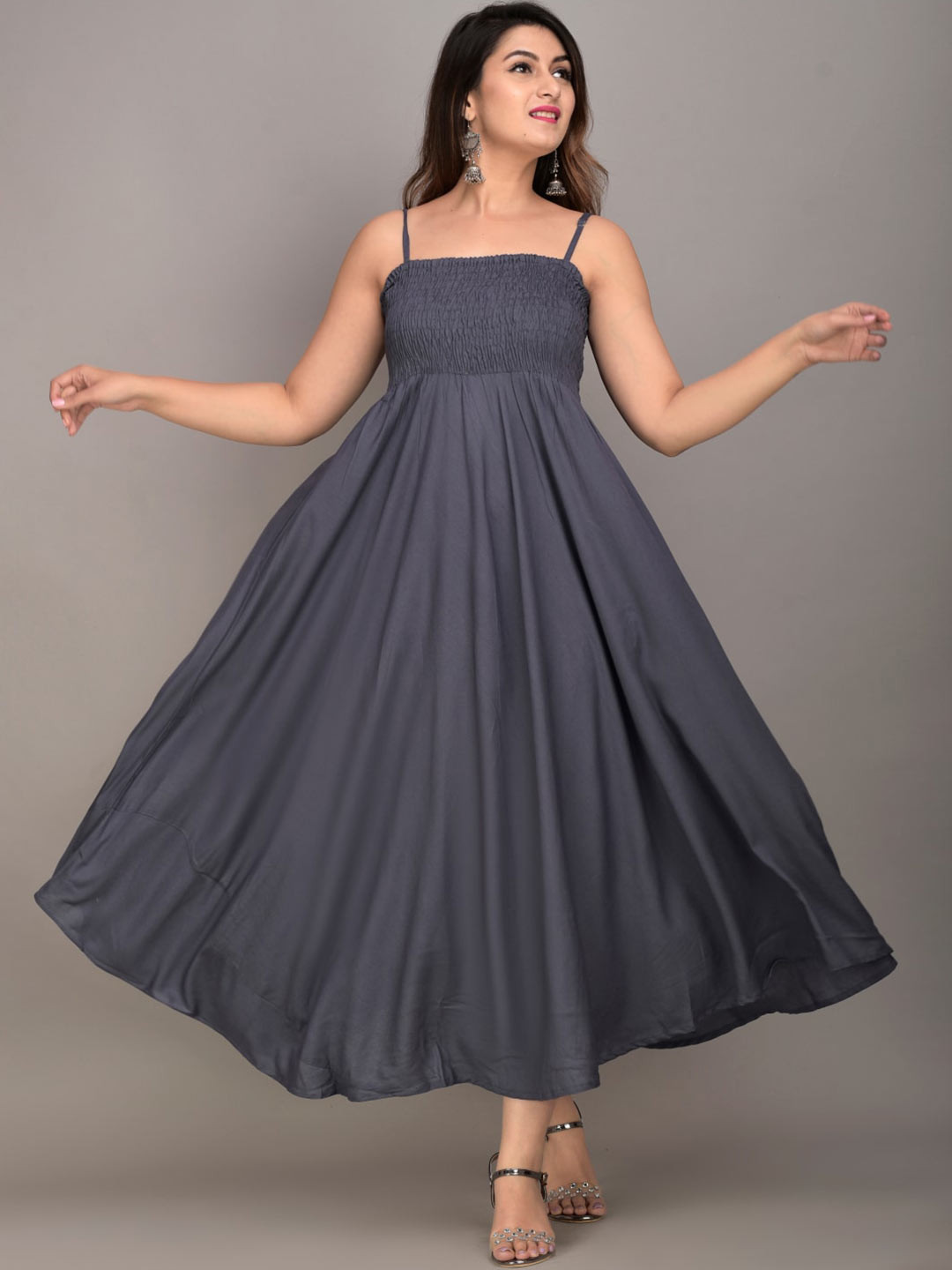 

IQRAAR Grey Solid Shoulder Straps Maxi Dress