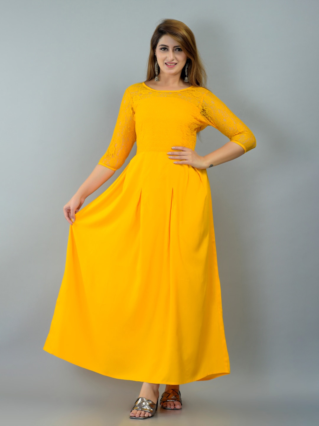 

IQRAAR Yellow Self Design Rayon Maxi Dress