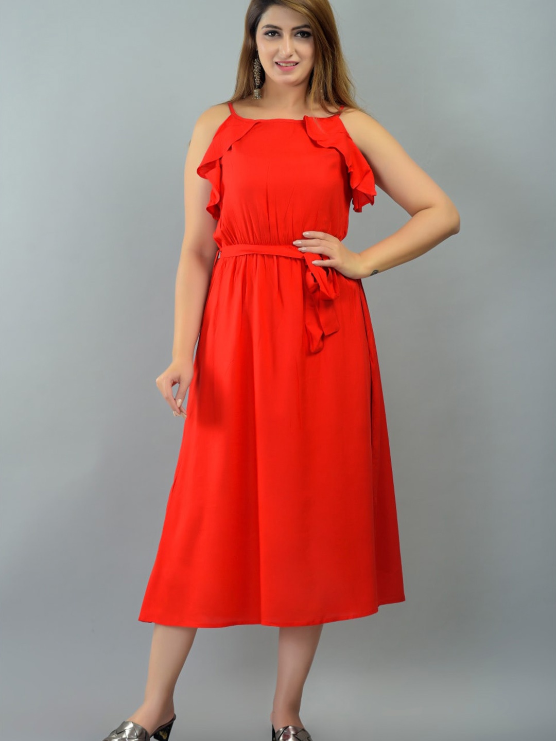 

IQRAAR Women Red Solid Fit And Flare Dress