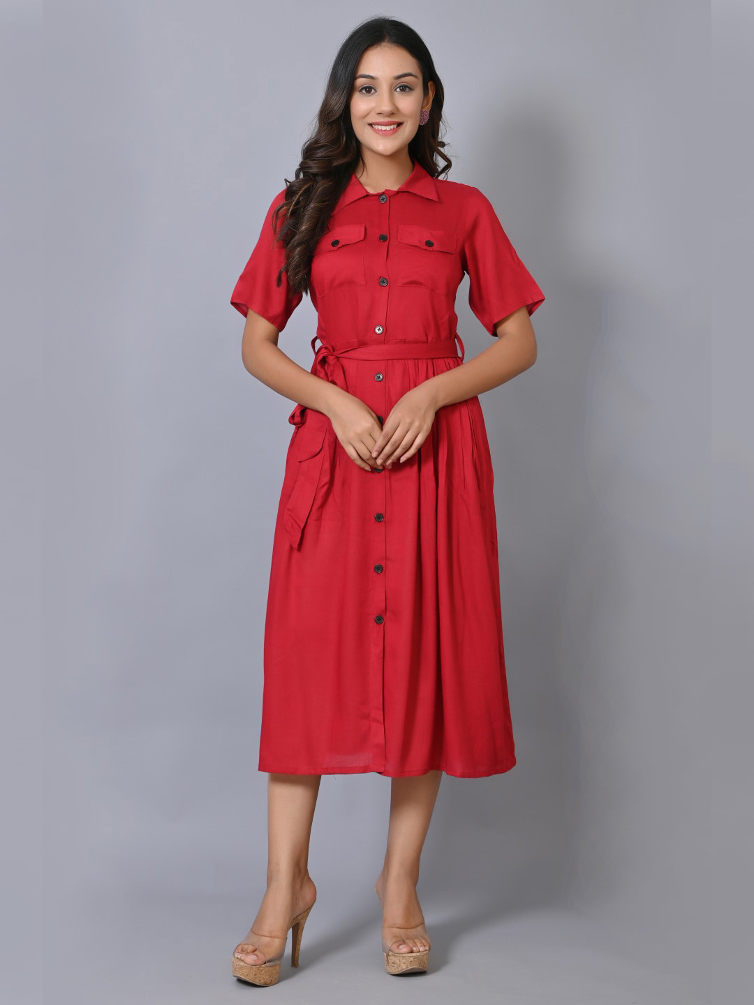 

IQRAAR Women Maroon Solid Shirt Style Dress
