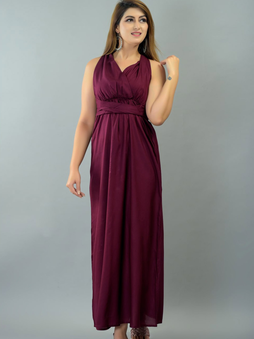 

IQRAAR Purple V Neck Rayon Maxi Dress