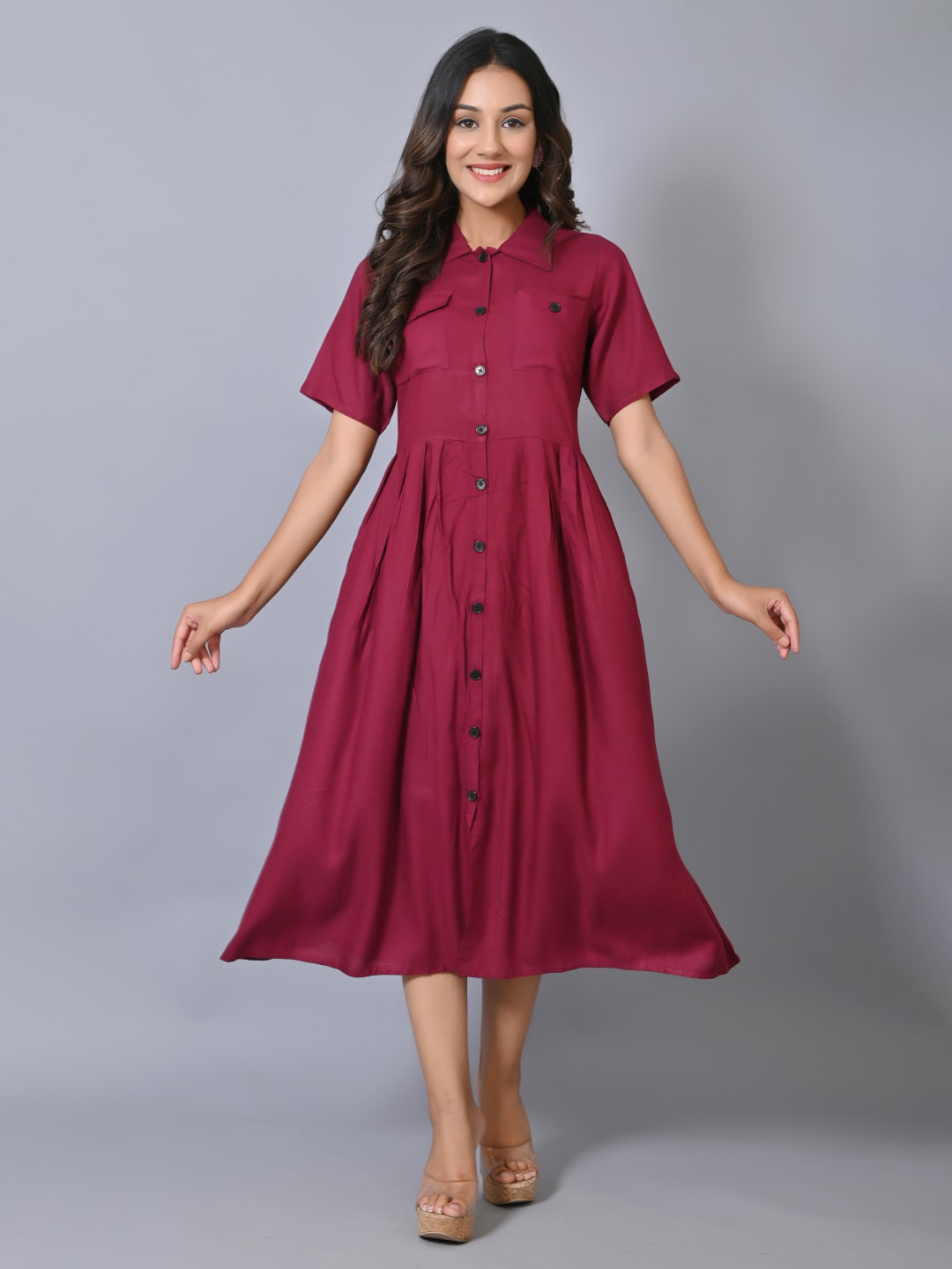 

IQRAAR Purple Solid Shirt Fit And Flare Midi Dress