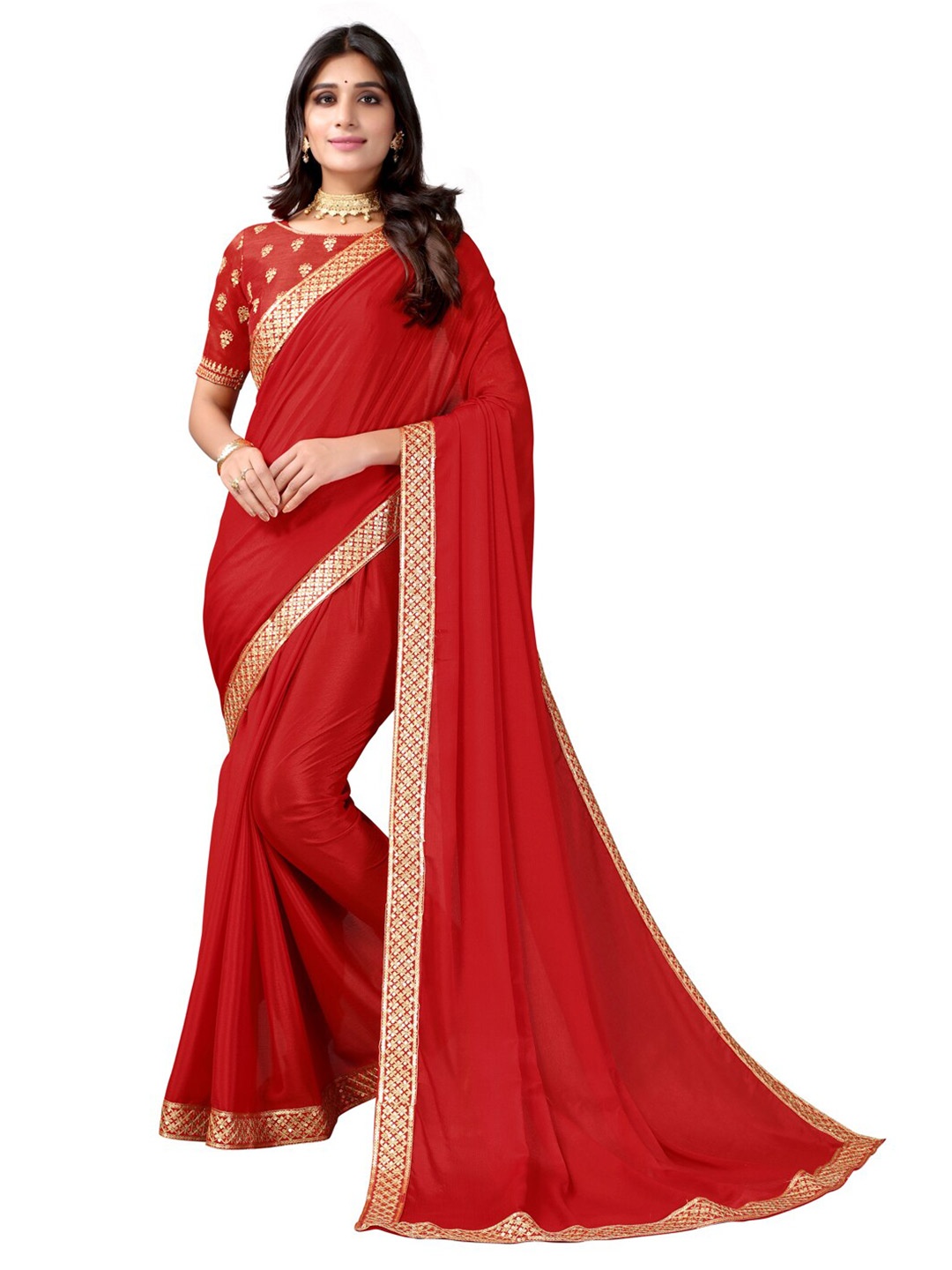 

Satrani Red & Gold-Toned Poly Silk Saree