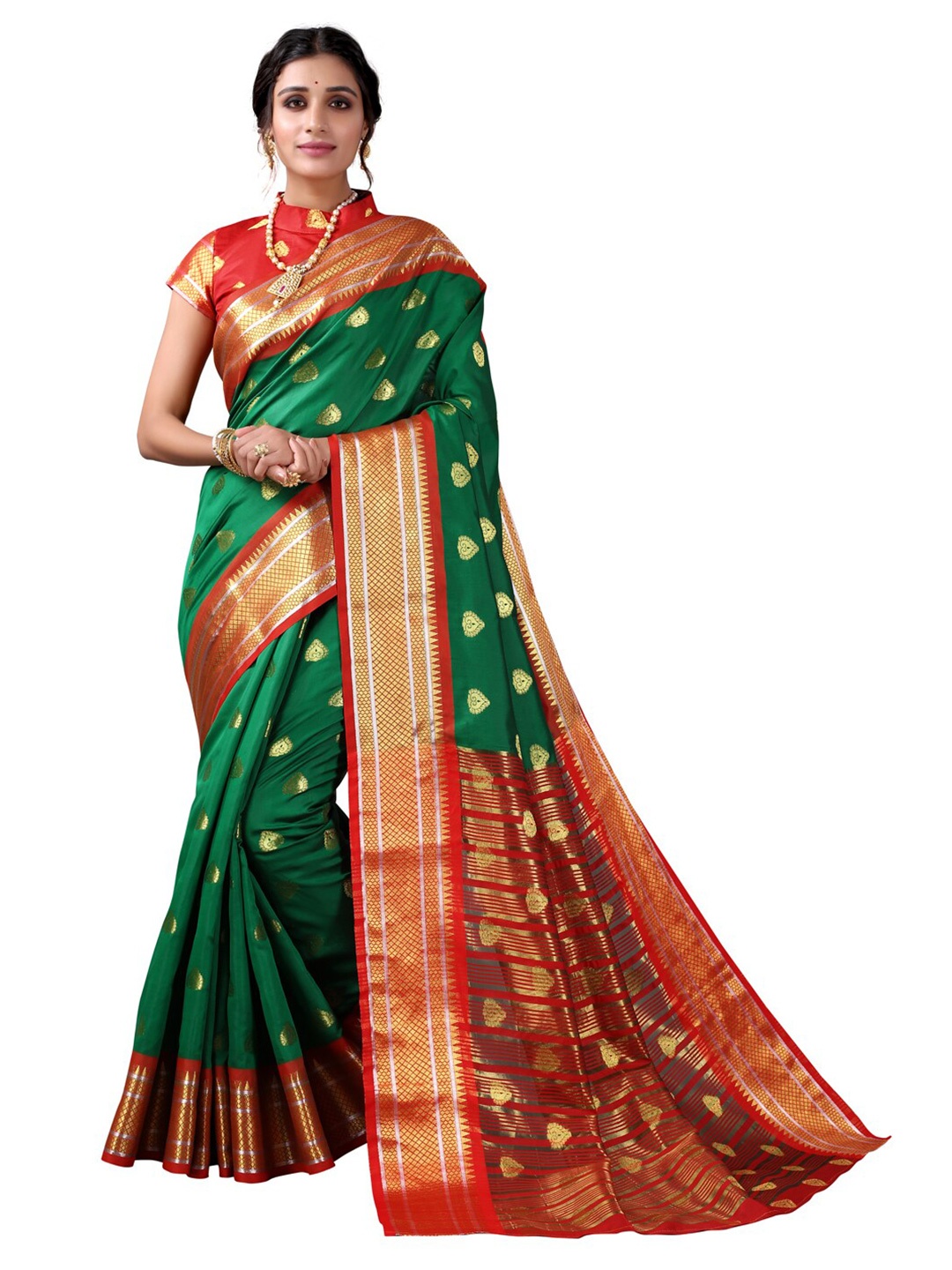 

Satrani Green & Red Woven Design Zari Saree