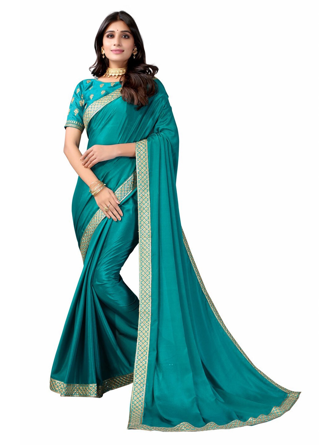 

Satrani Blue & Gold-Toned Sequinned Embroidery Saree