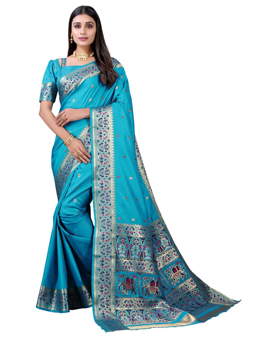 

Satrani Blue & Pink Ethnic Motifs Zari Silk Cotton Saree