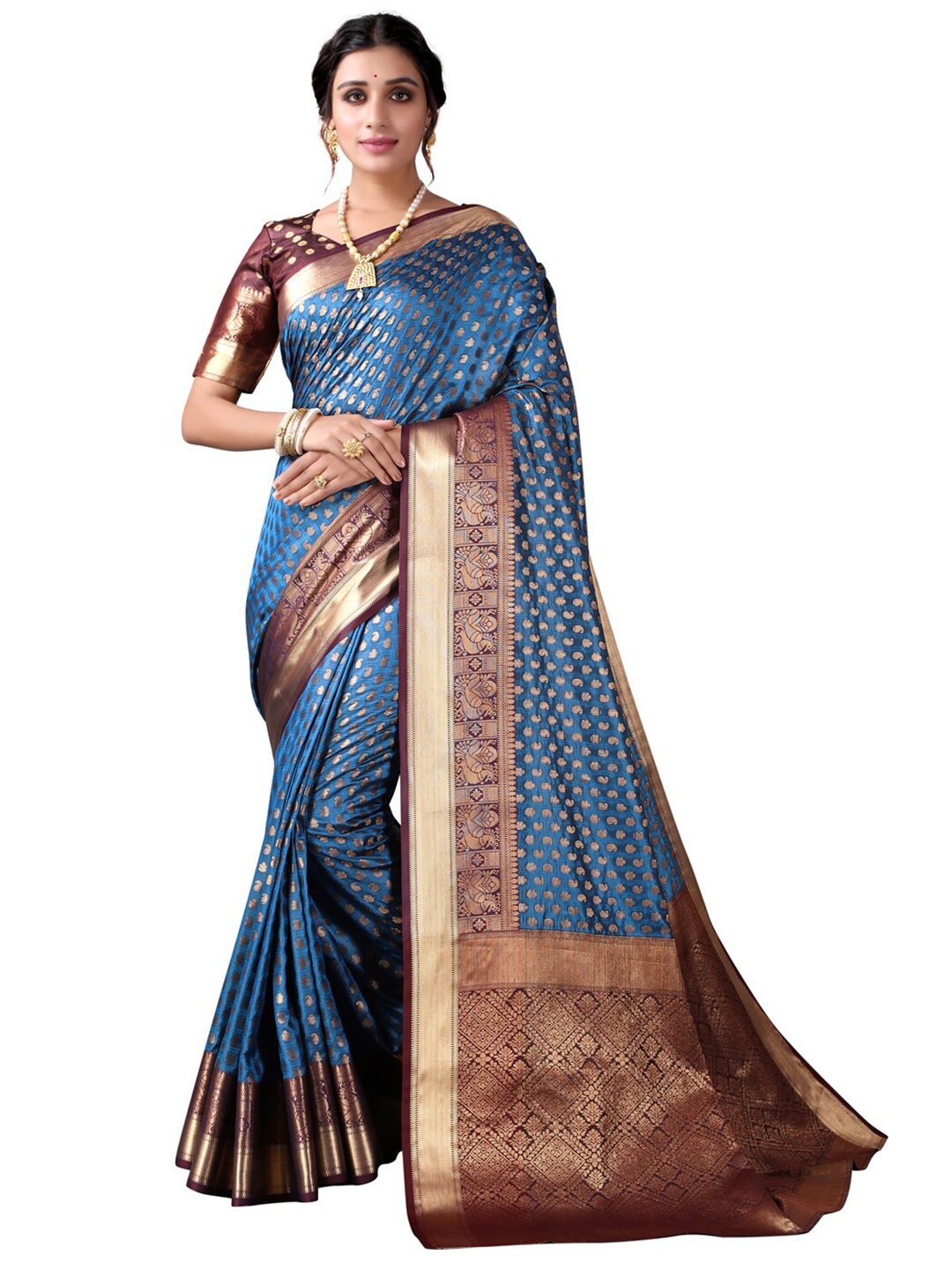 

Satrani Blue & Gold-Toned Ethnic Motifs Zari Banarasi Saree