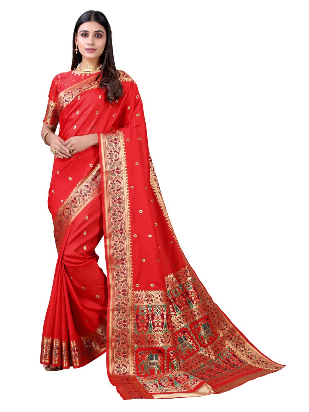 

Satrani Red & Golden Floral Zari Silk Cotton Saree