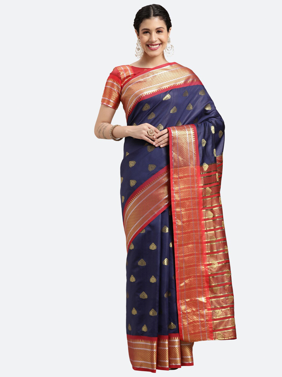 

Satrani Navy Blue & Red Ethnic Motifs Woven Design Zari Saree