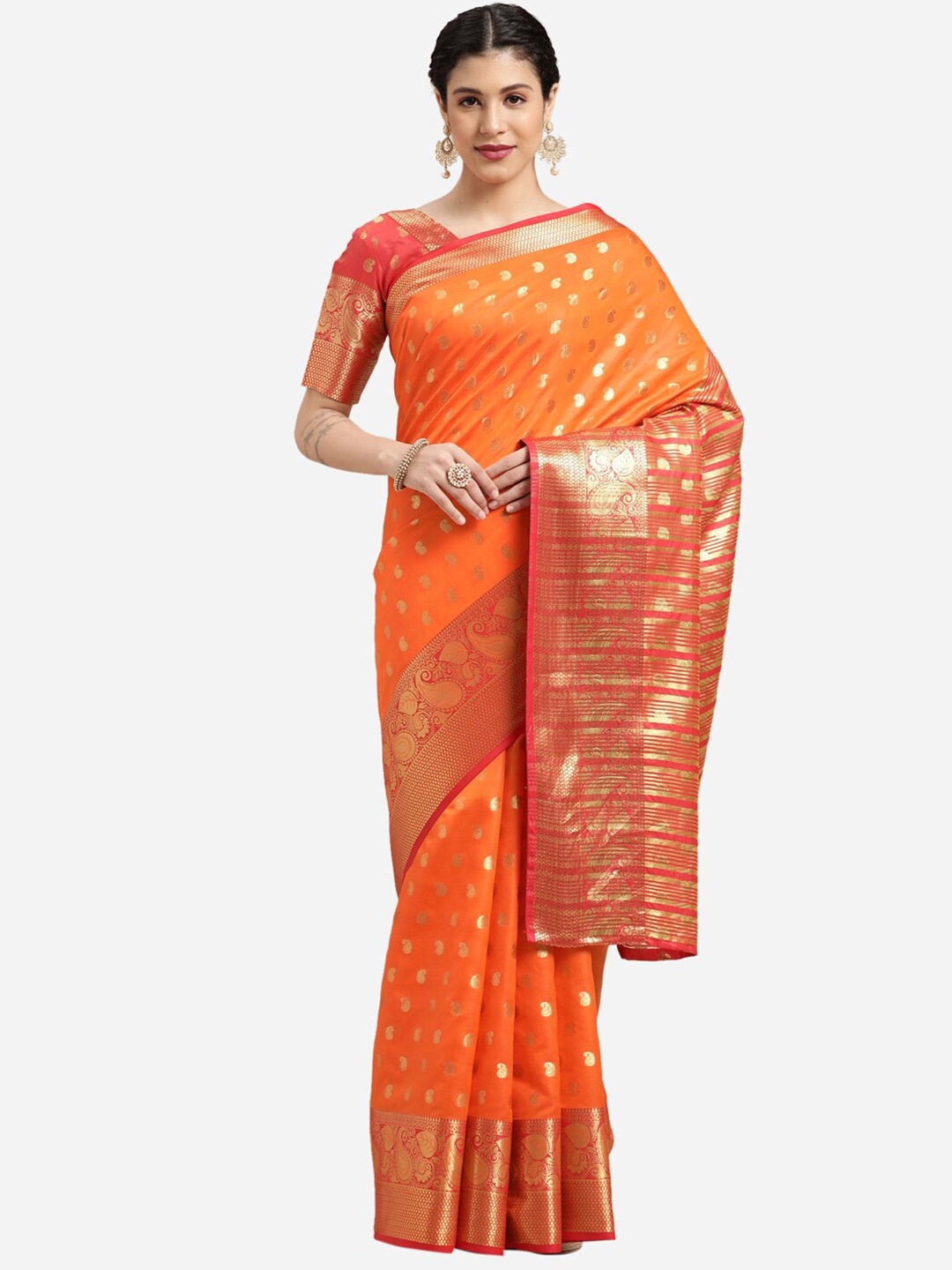 

Satrani Yellow & Orange Floral Zari Banarasi Jacquard Saree