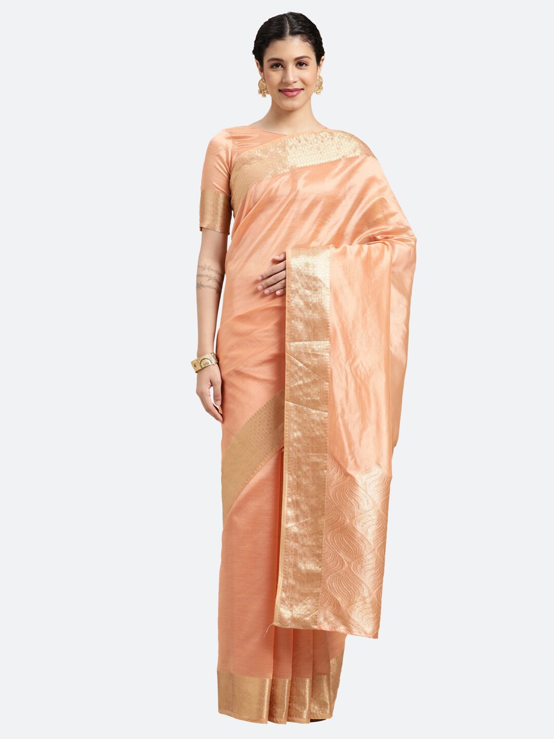 

Satrani Peach-Coloured & Gold-Toned Woven Design Zari Saree