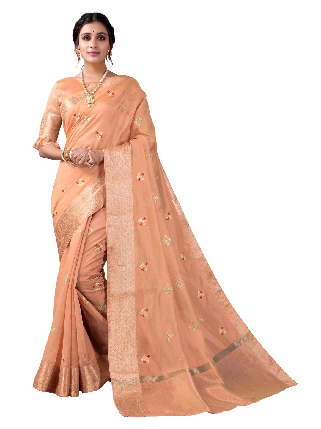 

Satrani Peach-Coloured & Gold-Toned Embroidery Poly Silk Saree