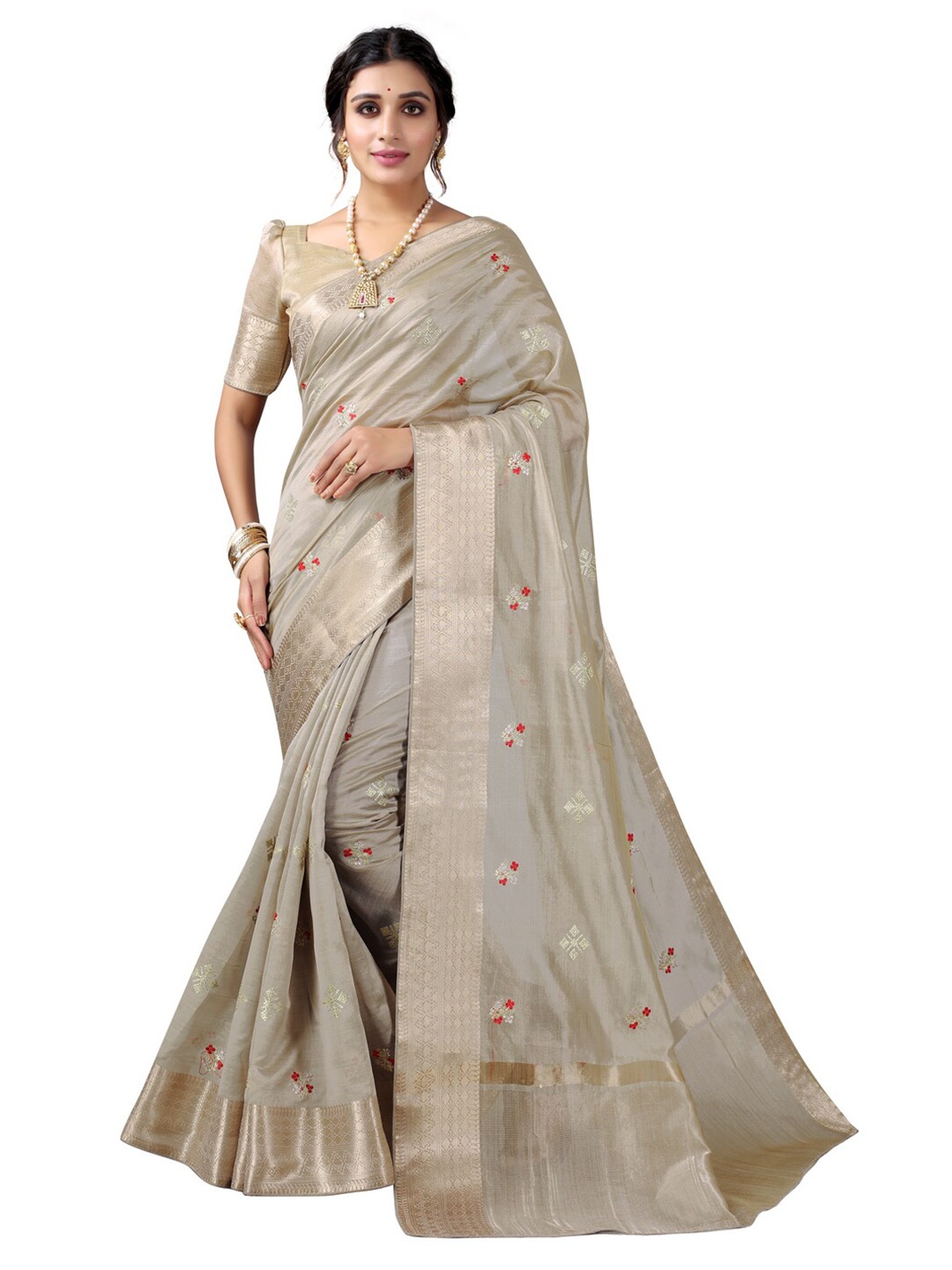 

Satrani Beige & Gold-Toned Floral Embroidery Zari Poly Silk Saree