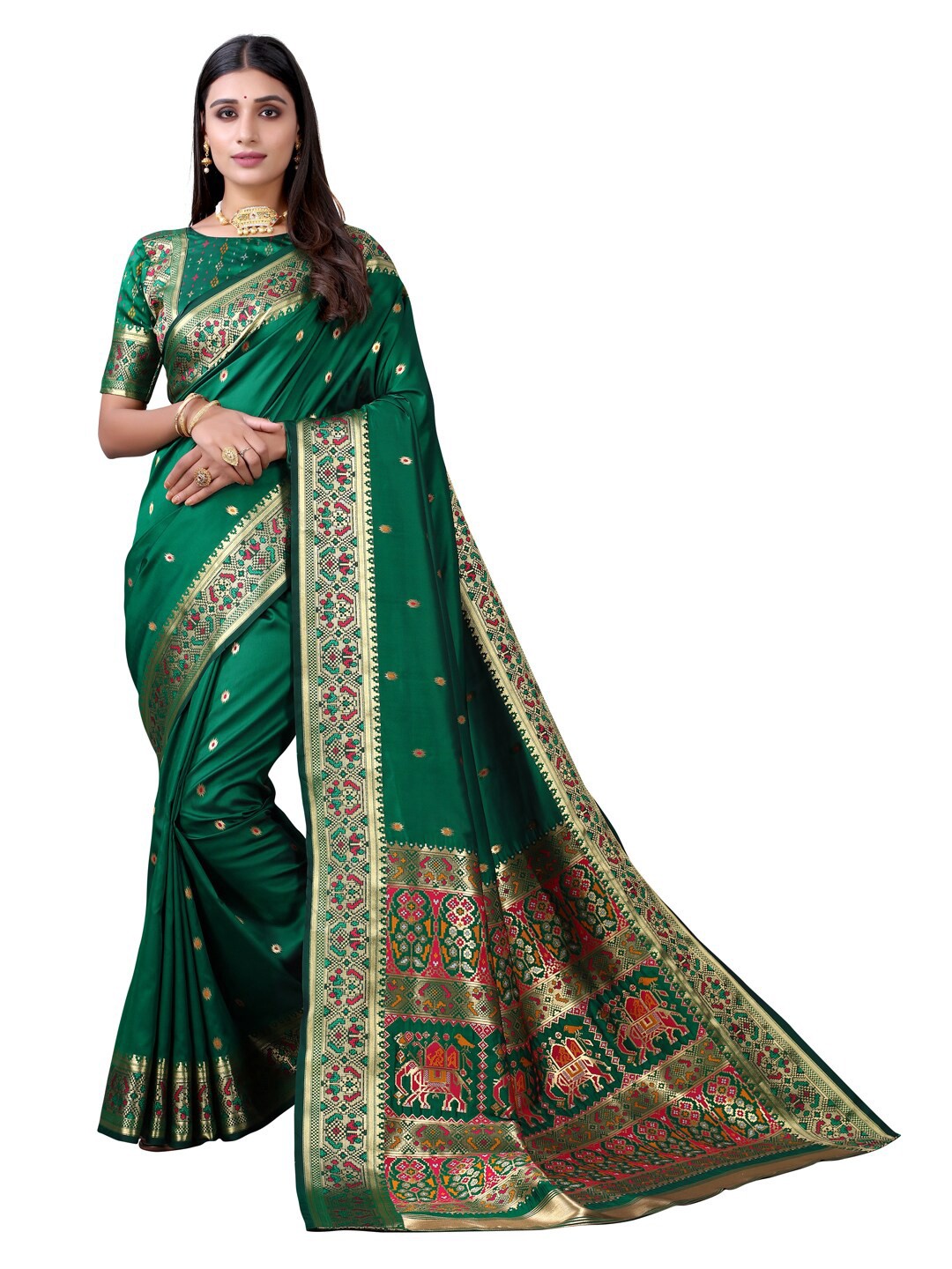 

Satrani Green & Gold-Toned Woven Design Zari Silk Cotton Saree