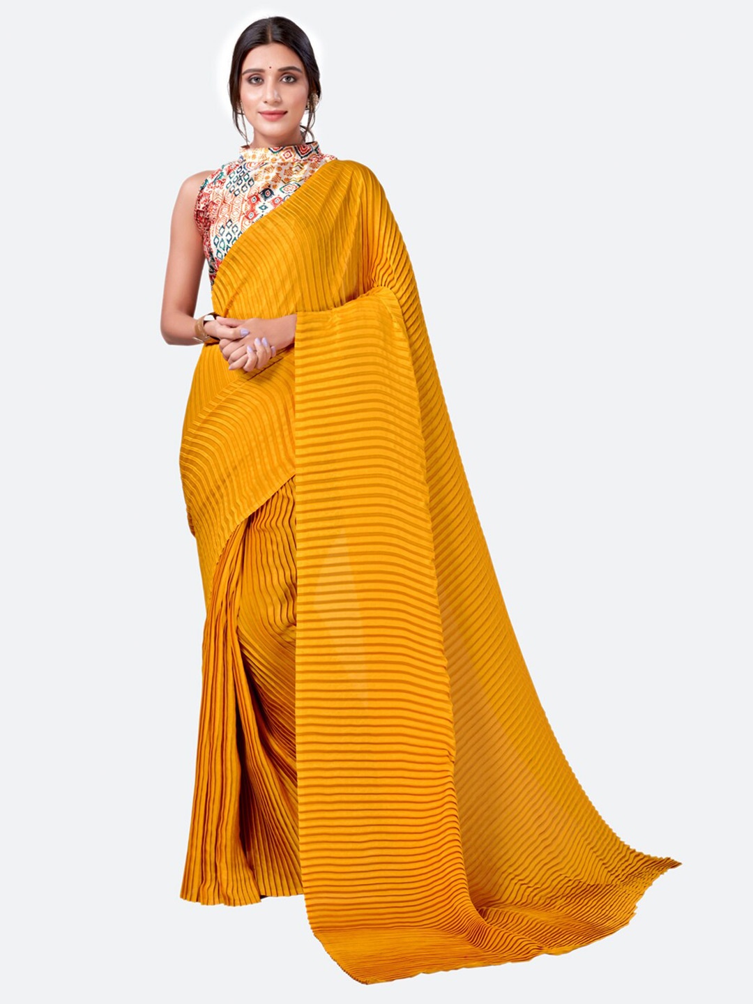 

Satrani Yellow Striped Satin Saree