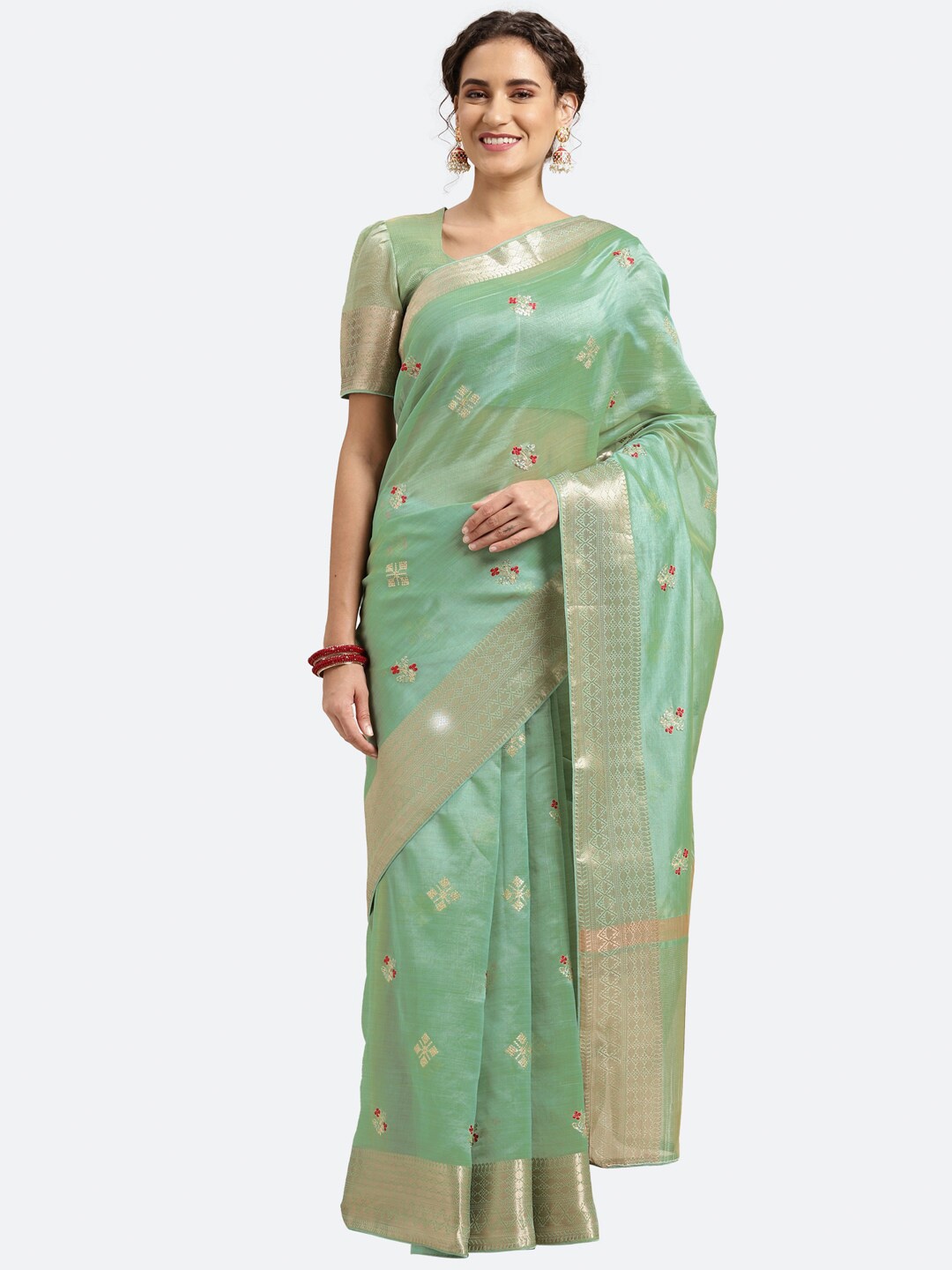 

Satrani Green & Red Ethnic Motifs Zari Saree