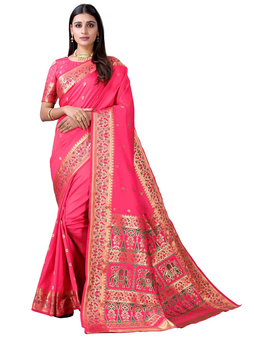 

Satrani Pink & Gold-Toned Floral Silk Cotton Saree