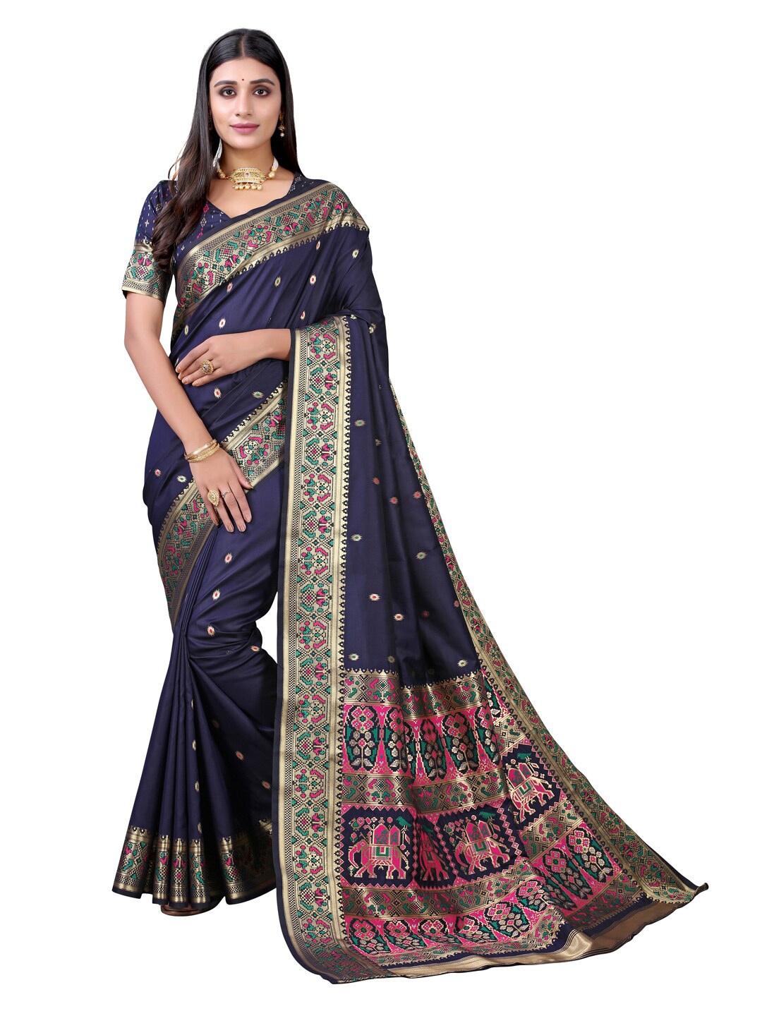 

Satrani Navy Blue & Gold-Toned Floral Woven Design Zari Silk Cotton Saree