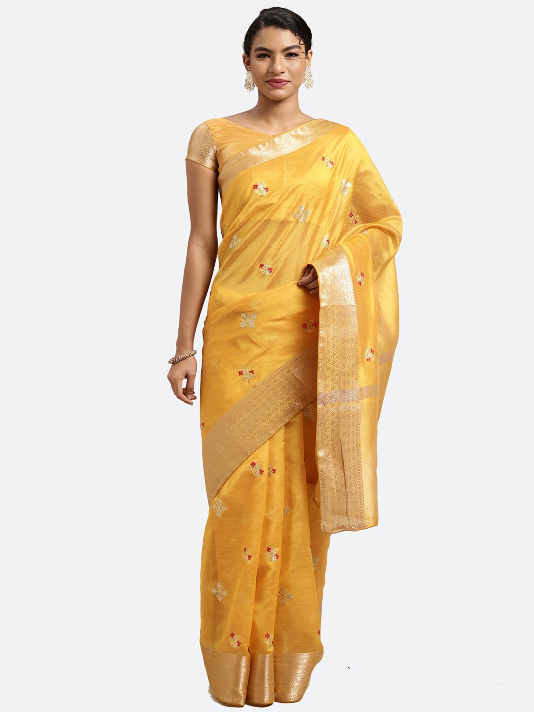 

Satrani Yellow & Gold-Toned Floral Embroidered Saree