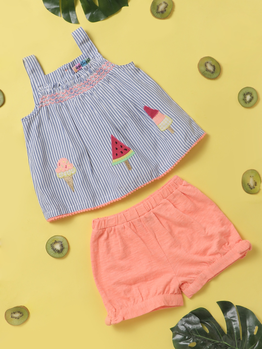 

Nauti Nati Girls Blue & Peach-Coloured Striped Cotton Clothing Set