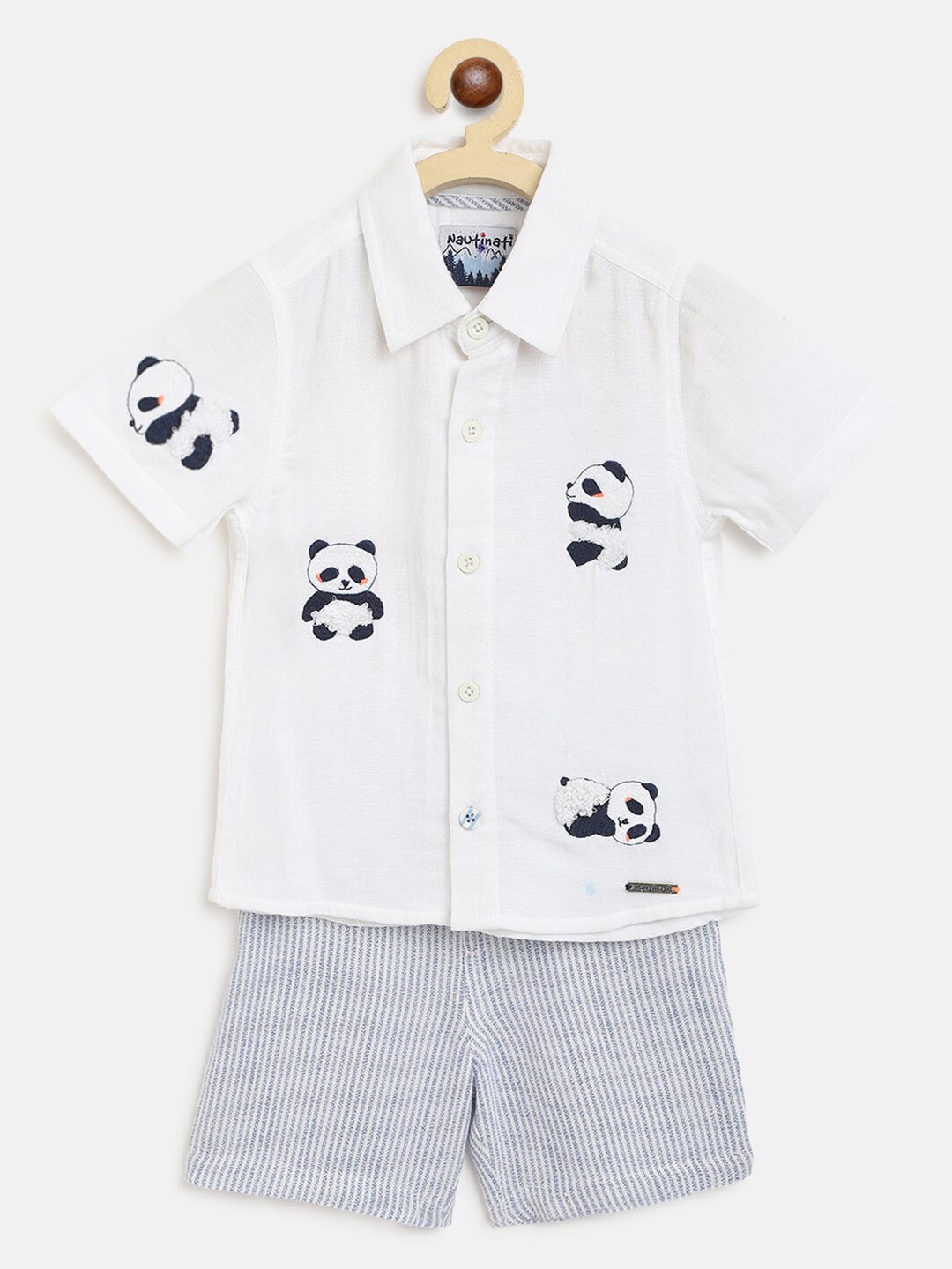 

Nauti Nati Boys White & Blue Panda Embroidered Pure Cotton Shirt with Shorts