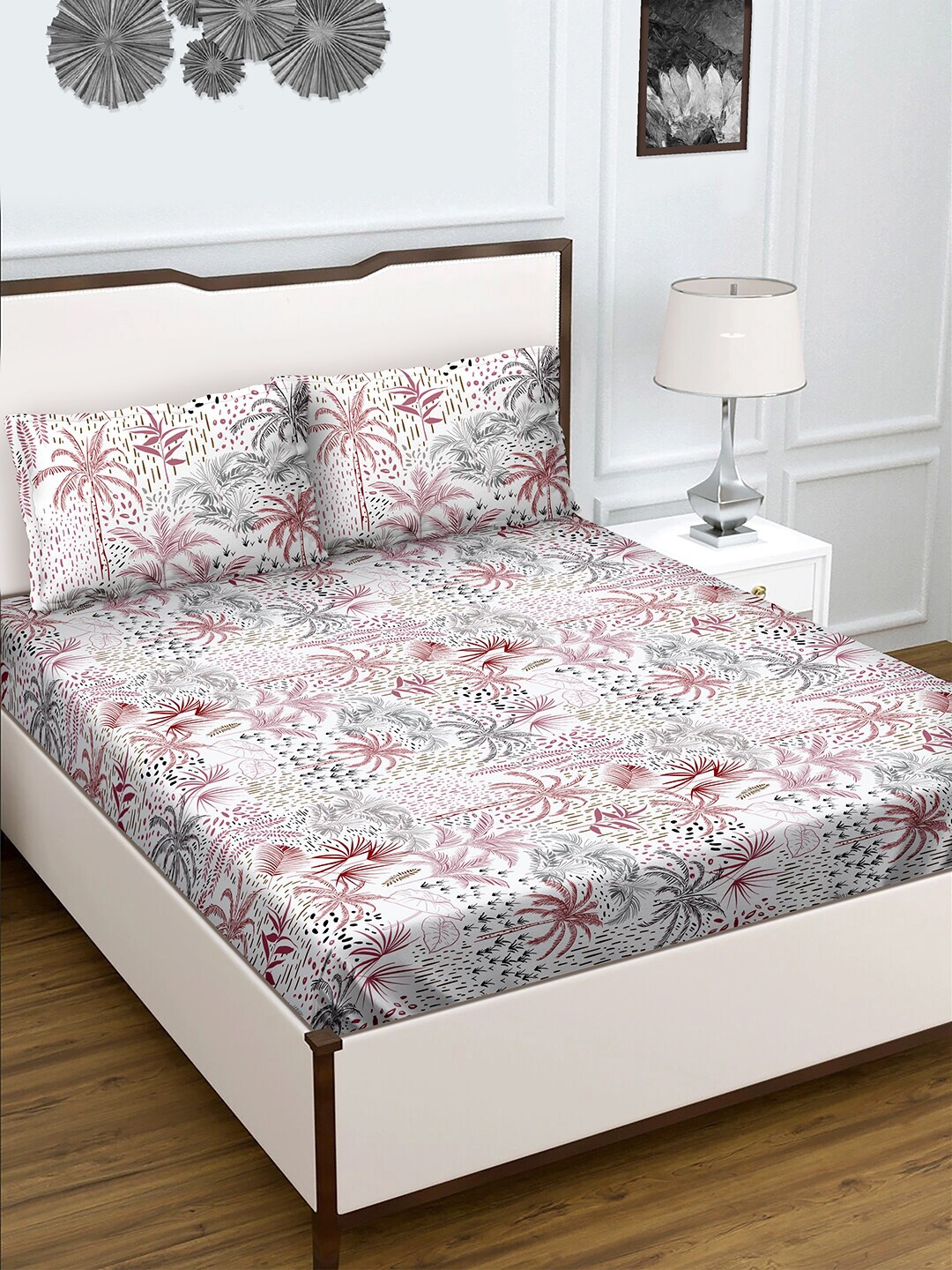 

BELLA CASA Pink & White Genteel Floral Cotton King Bedsheet with 2 Pillow Covers