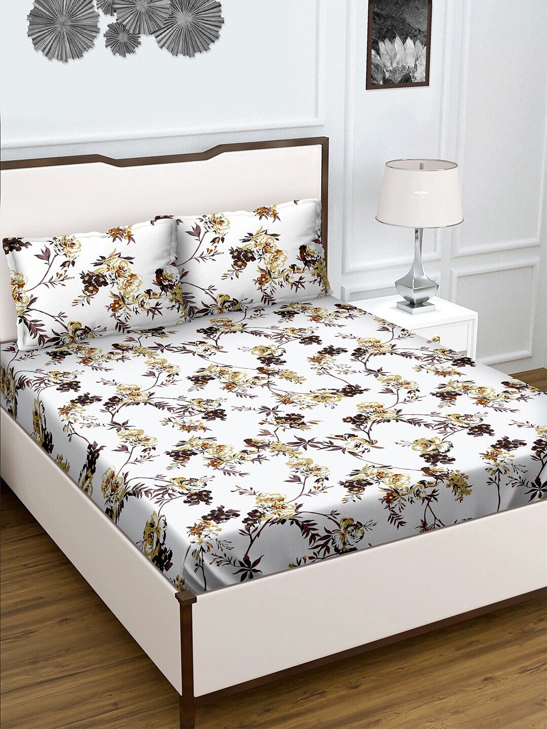 

BELLA CASA White & Brown Floral 180 TC Queen Bedsheet with 2 Pillow Covers